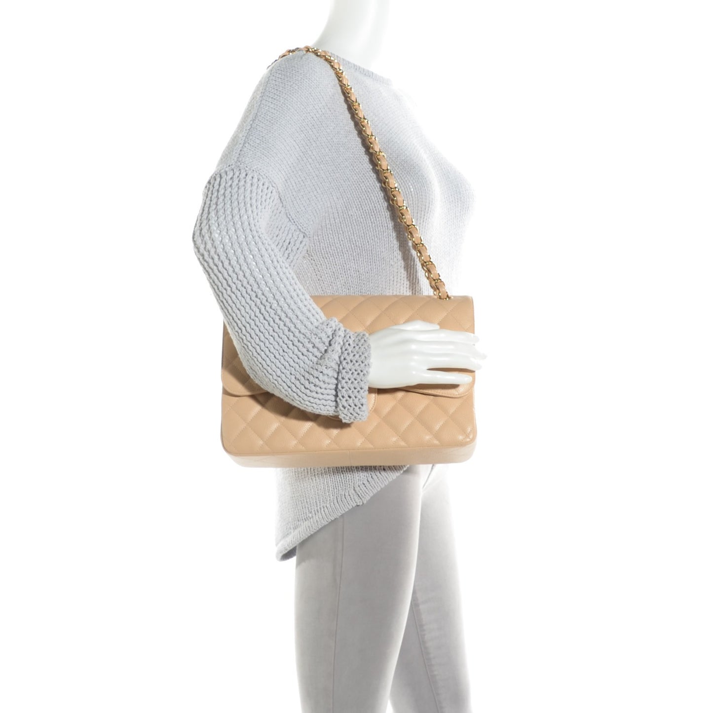 Caviar Quilted Jumbo Double Flap Beige Clair