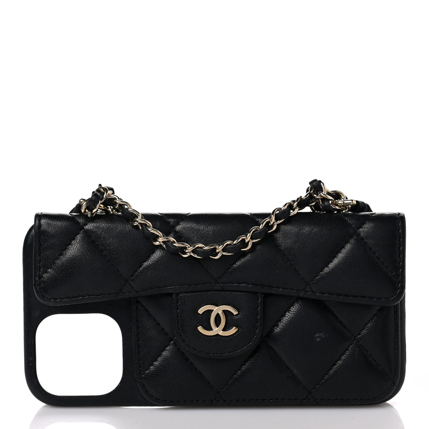 Lambskin Quilted iPhone XII Pro Holder With Chain Black