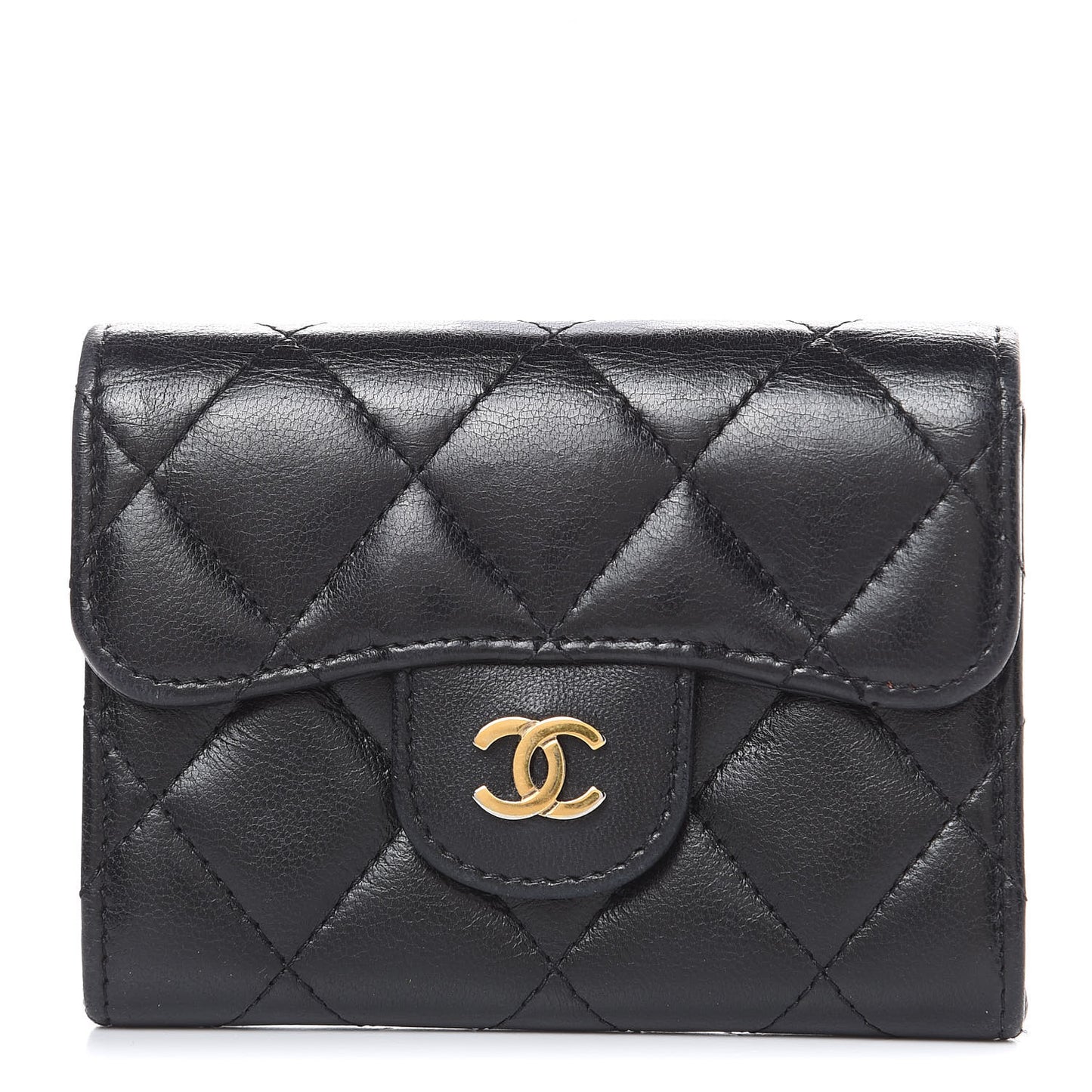 Lambskin Quilted Flap Card Holder Wallet Black