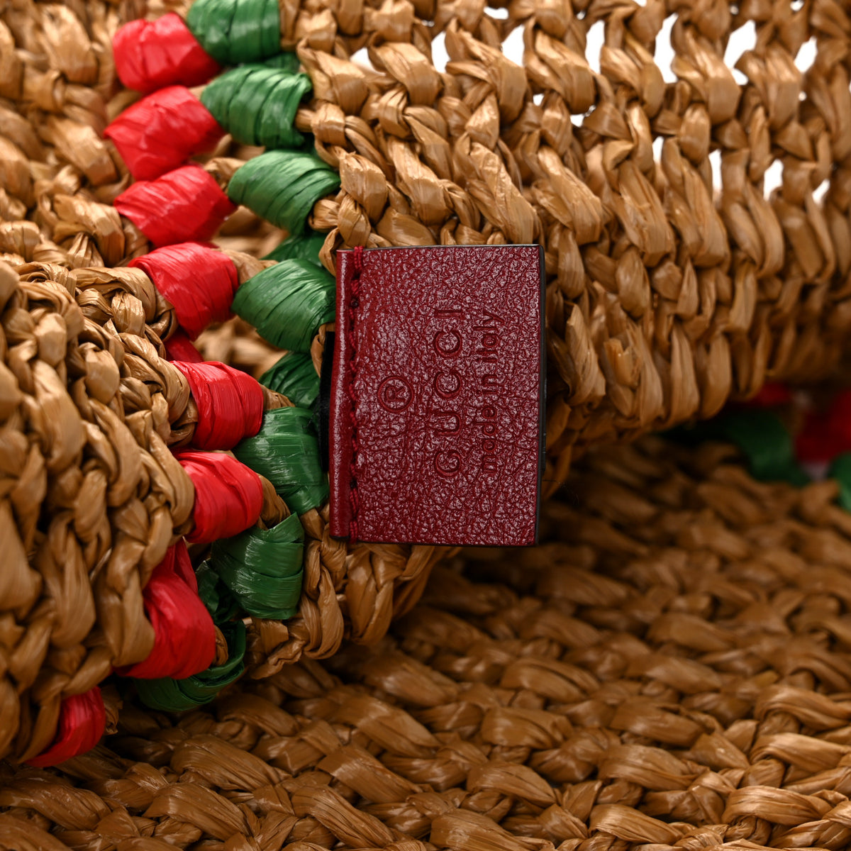 Gucci Raffia Effect Large GG Marmont Shoulder Tote Bag Natural Red Green 6 of 10