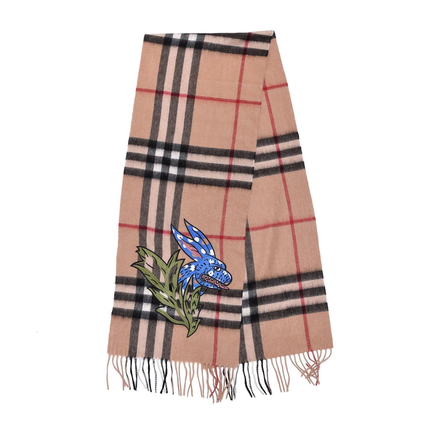 Cashmere Embroidered Oscar Giant Check Fringe Scarf Camel