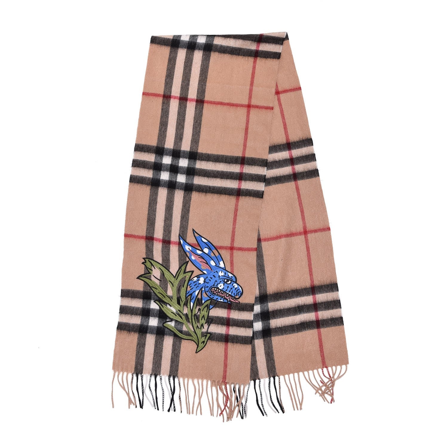 Burberry Cashmere Embroidered Oscar Giant Check Fringe Scarf Camel 3 of 7