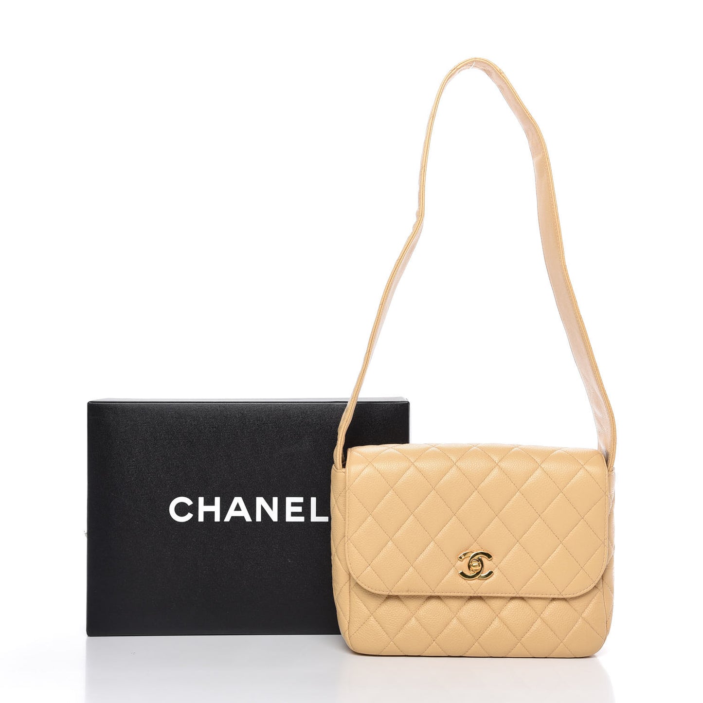 Caviar Quilted Shoulder Flap Bag Beige
