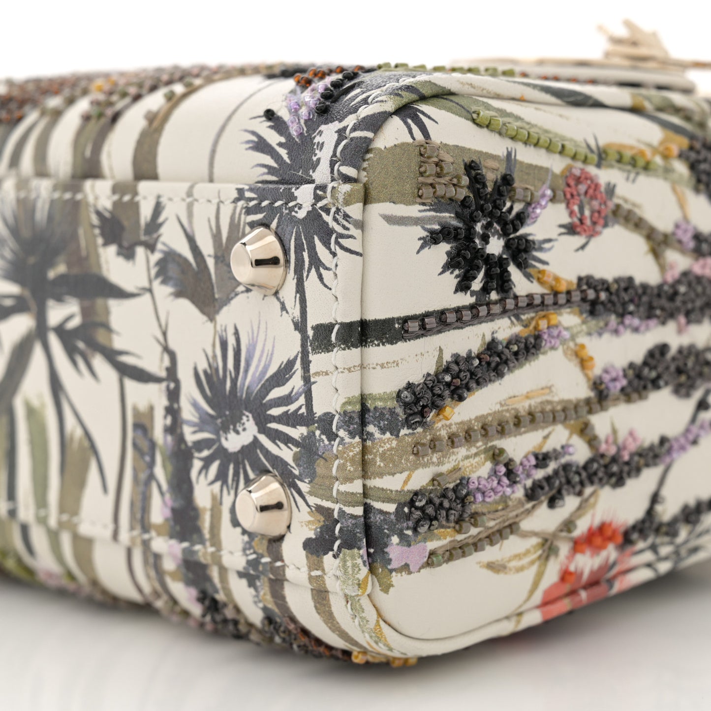 Calfskin Beaded Embroidered Jardin Naturel Mini Lady Dior White Multicolor