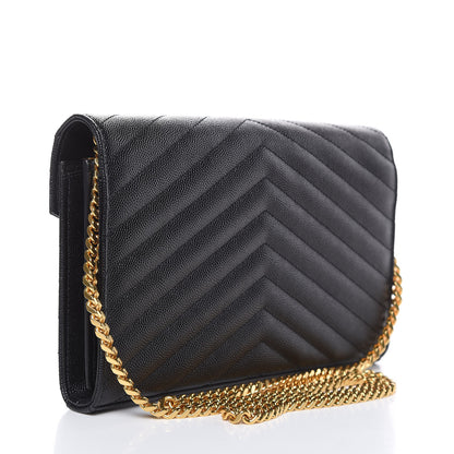 Saint Laurent Grain De Poudre Matelasse Chevron Monogram Chain Wallet Black 3 of 10
