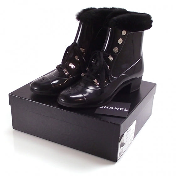 Fur Lined Vinyl Boots Black 38