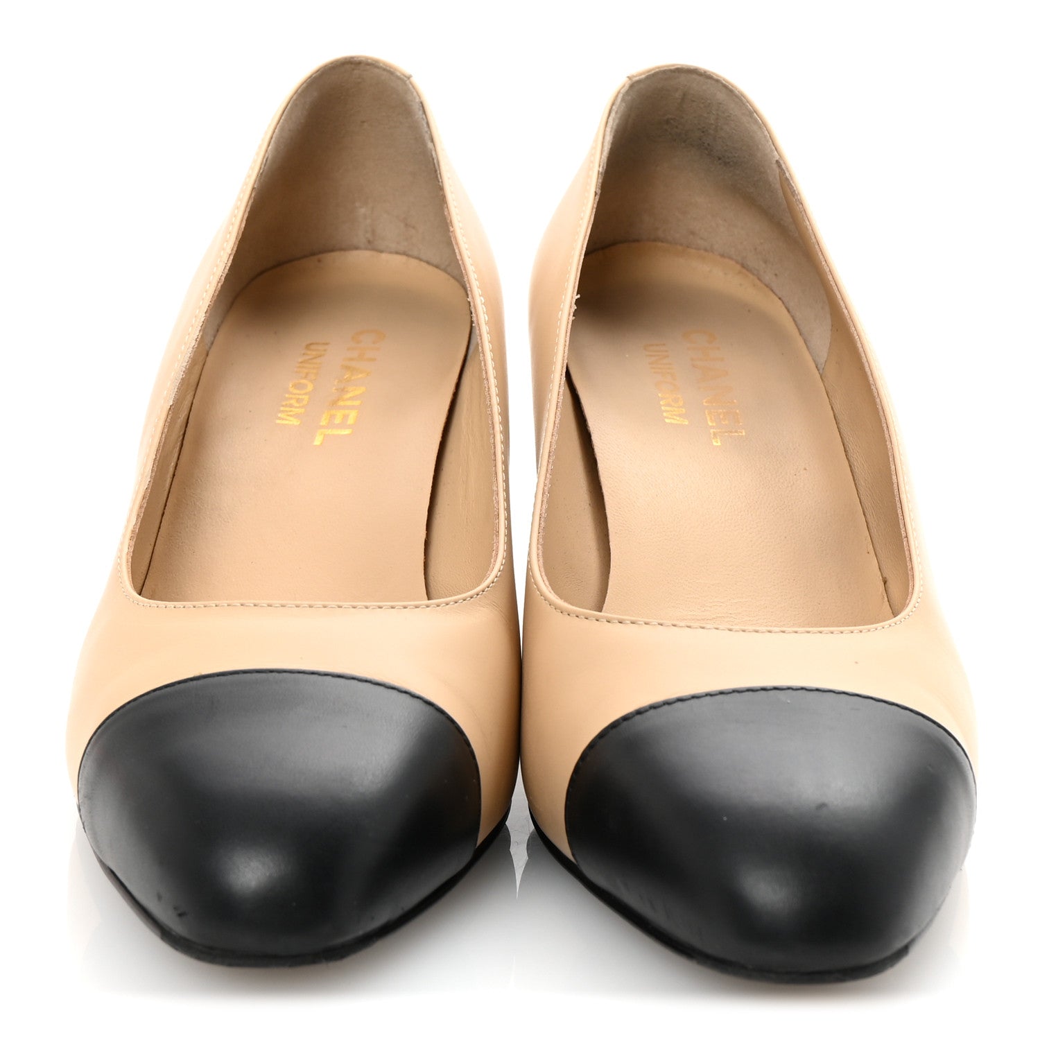 Chanel Lambskin Cap Toe CC Uniform Pumps 38 Beige Black 3 of 9