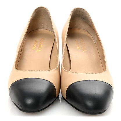 Chanel Lambskin Cap Toe CC Uniform Pumps 38 Beige Black 3 of 9