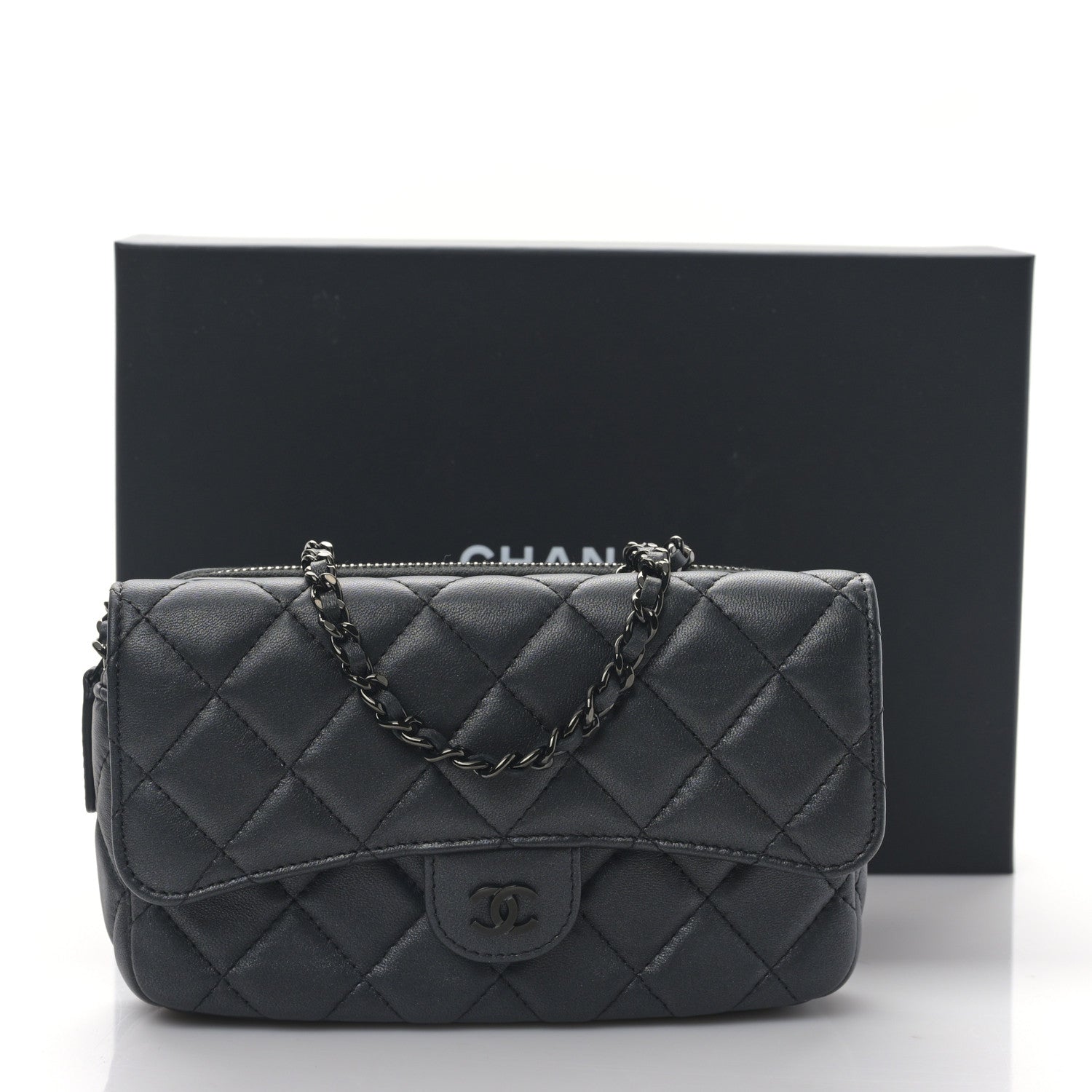 Chanel Lambskin Quilted Flap Phone Holder With Chain So Black 12 of 12