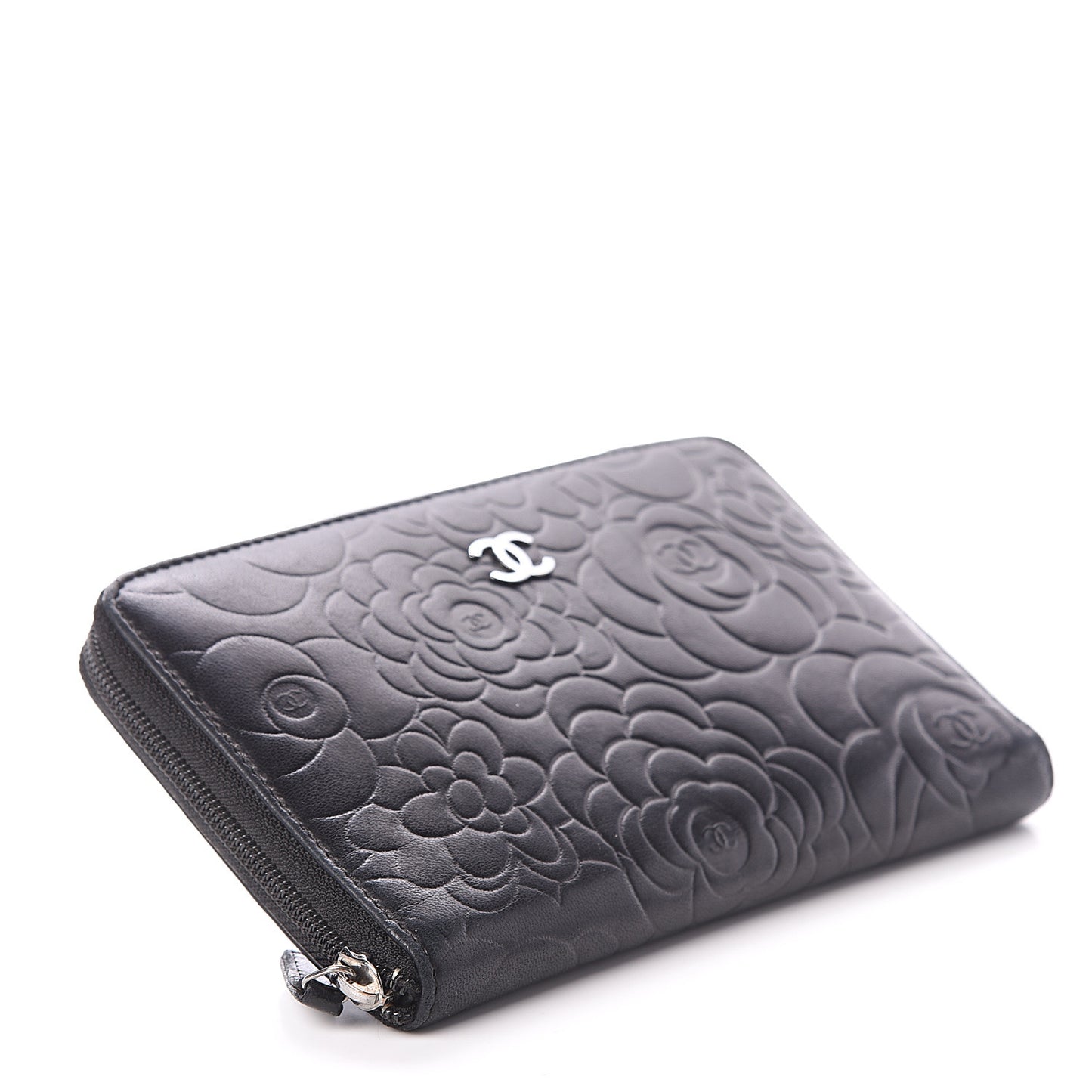 Lambskin Camellia Embossed Zip Around Organizer Wallet Black