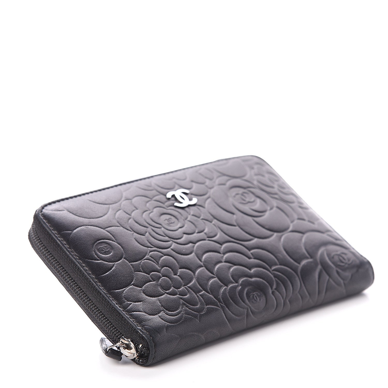 Chanel Lambskin Camellia Embossed Zip Around Organizer Wallet Black 3 of 6