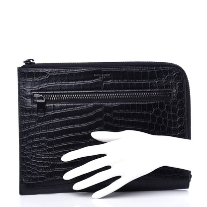 Saint Laurent Calfskin Crocodile Embossed iPad Case Black 2 of 7