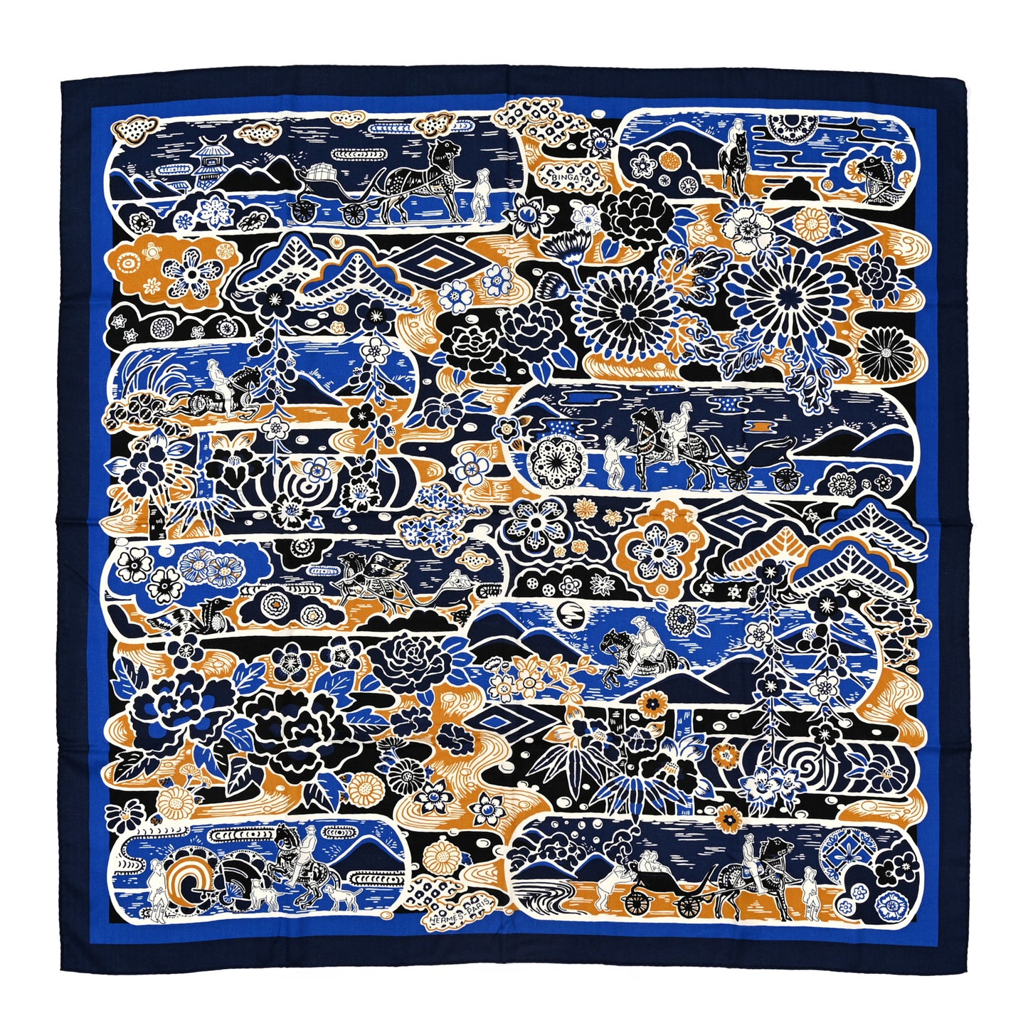 Cashmere Silk Bingata Shawl 140 Marine Bleu Dur Beige