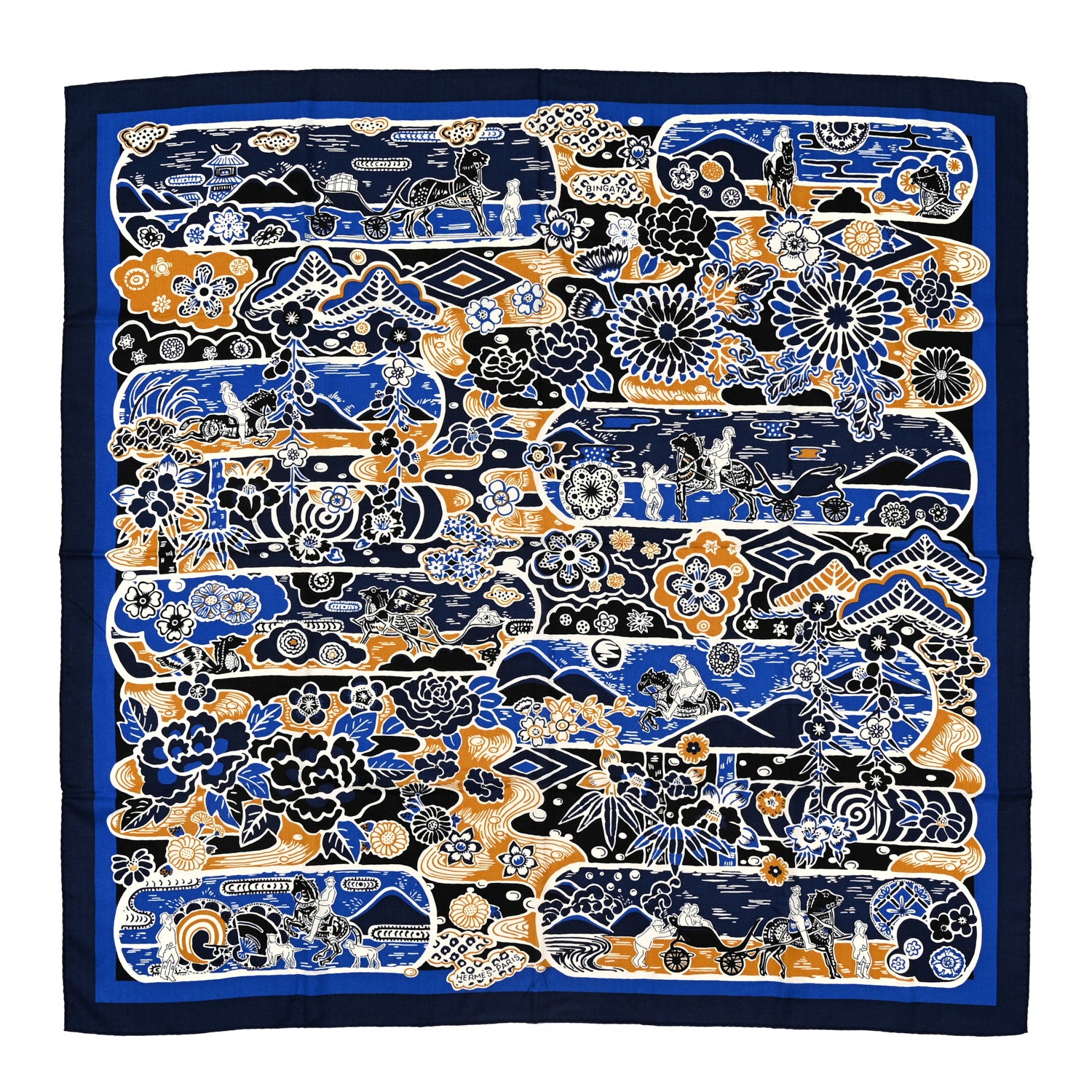 Hermes Cashmere Silk Bingata Shawl 140 Marine Bleu Dur Beige 1 of 5