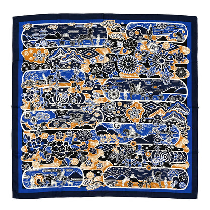 Hermes Cashmere Silk Bingata Shawl 140 Marine Bleu Dur Beige 1 of 5