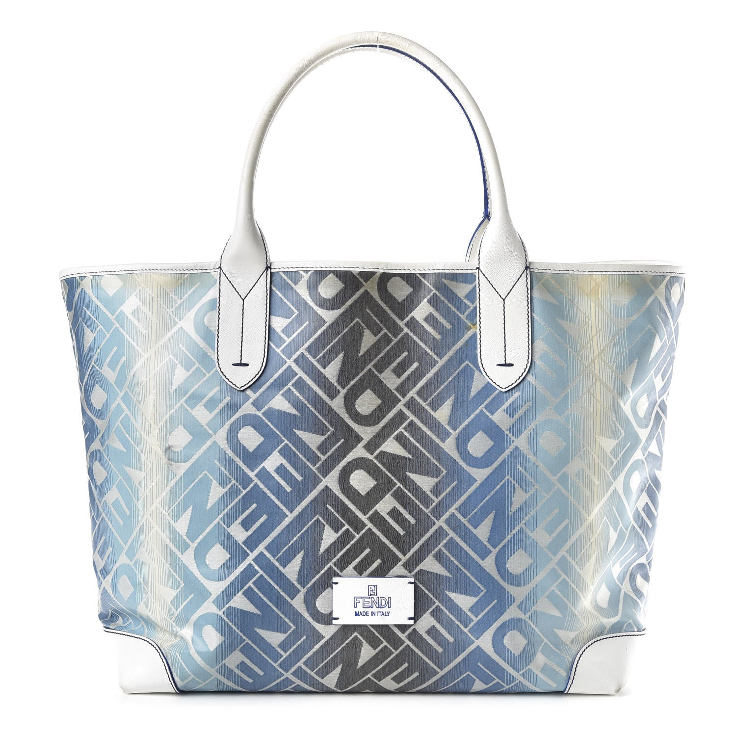 Fendi Calfskin Canvas Basket Sea Medium Tote White Blue 1 of 15