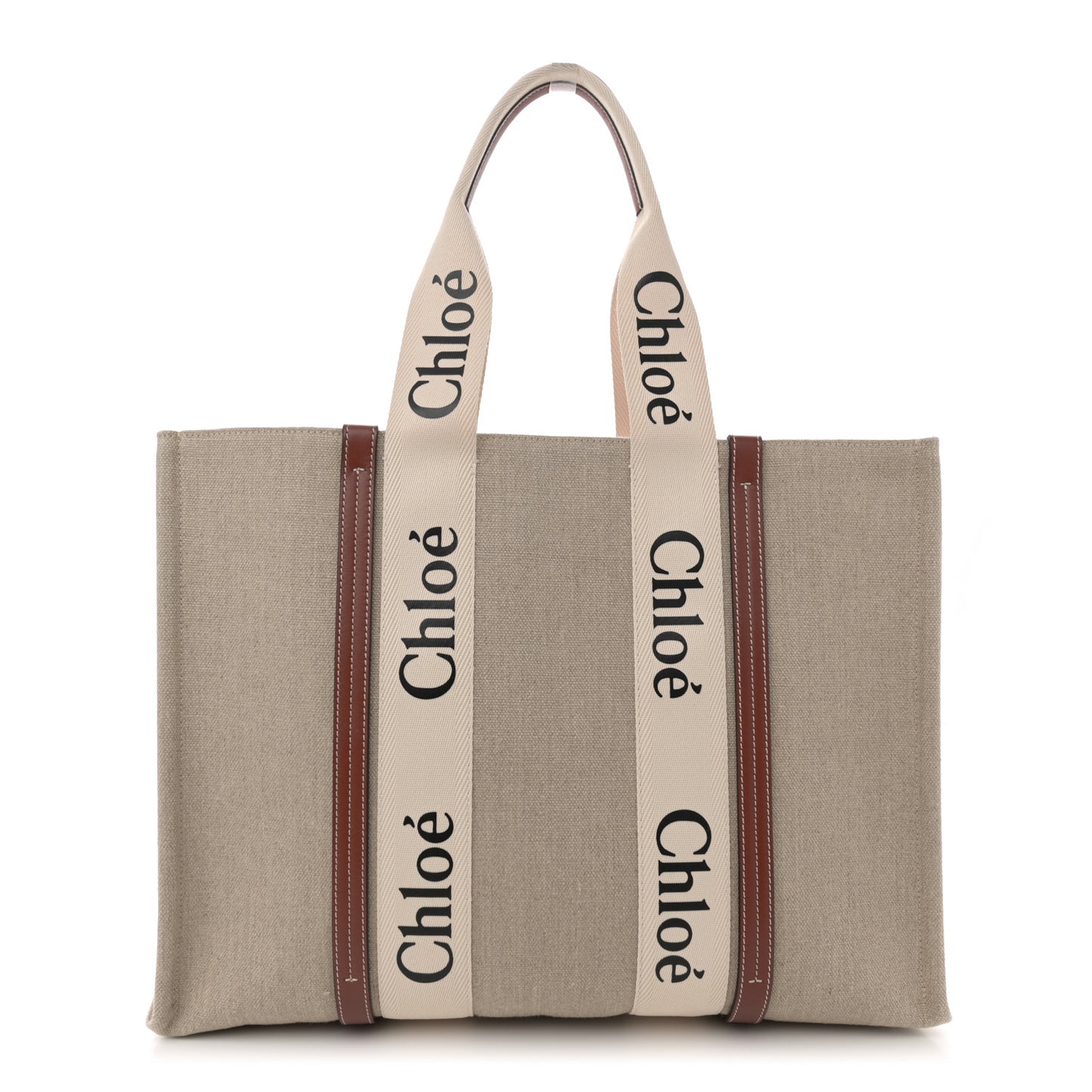 Linen Calfskin Large Woody Ribbon Tote White Brown