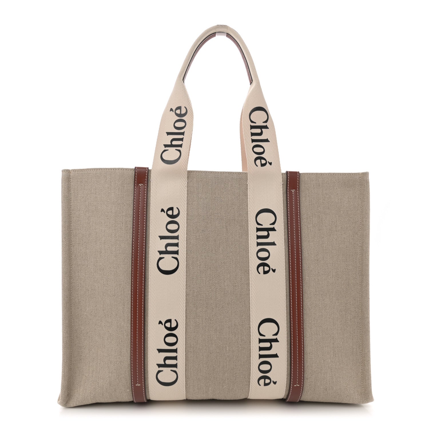 Chloe Linen Calfskin Large Woody Ribbon Tote White Brown 1 of 12