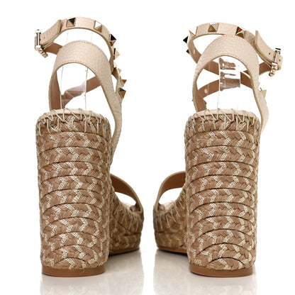 Valentino Garavani Grained Calfskin Rockstud Ankle Strap Espadrille Wedge Sandals 38 Light Ivory Natural 6 of 12