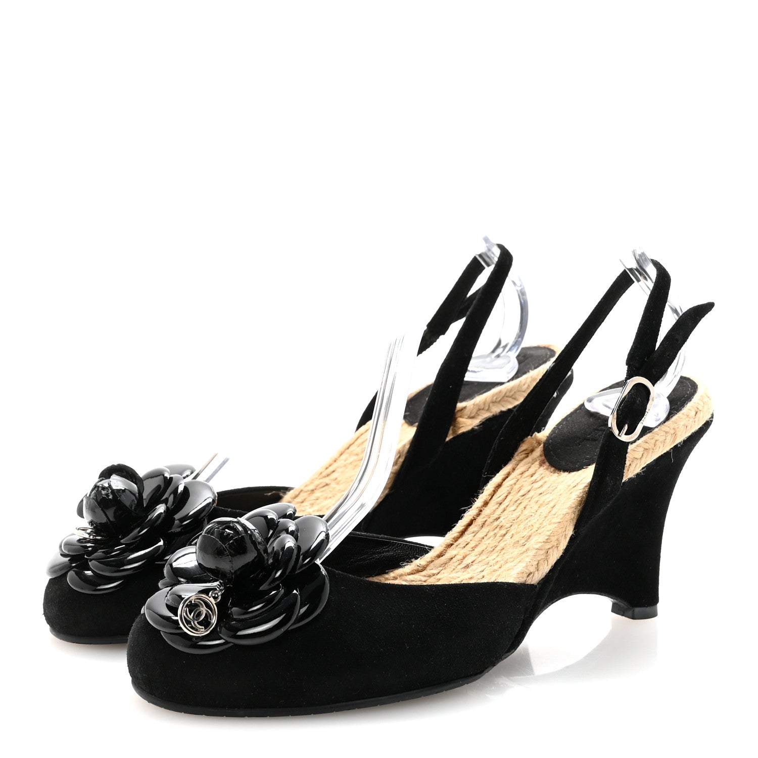 Chanel Velvet Patent Camellia Espadrilles Wedge Sandals 38 Black 4 of 8