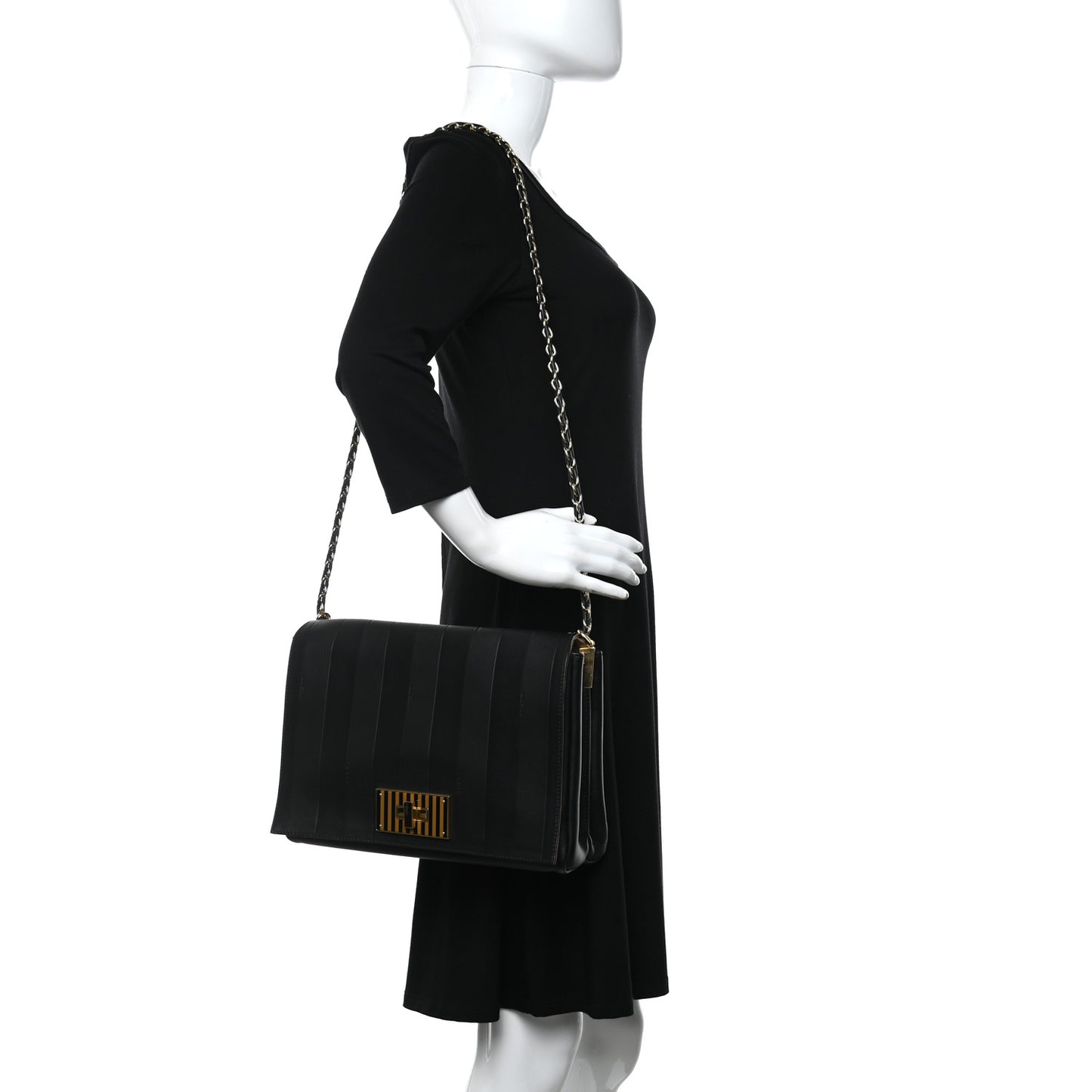 Grained Calfskin Pequin Embossed Medium Claudia Shoulder Bag Black