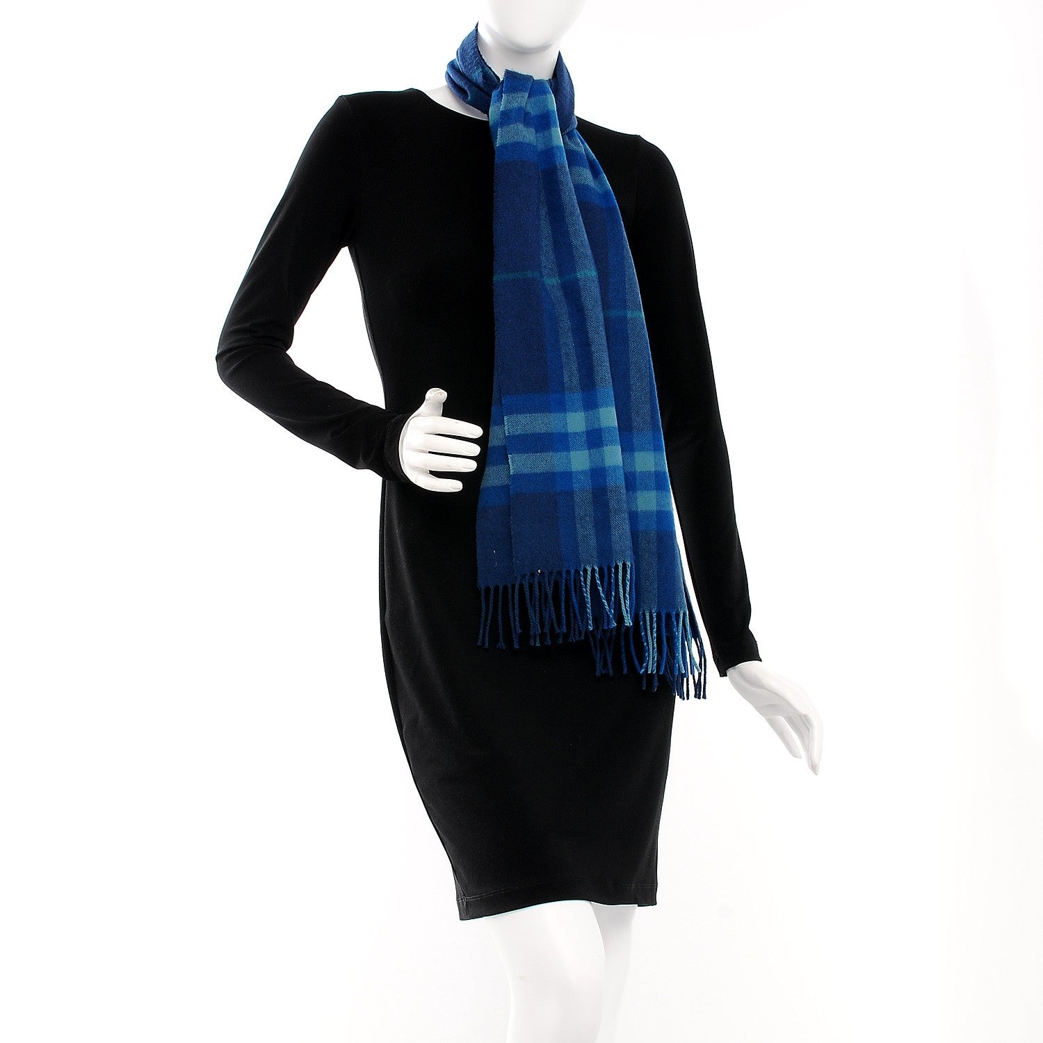 Burberry Cashmere Classic Giant Check Fringe Scarf Blue 3 of 4