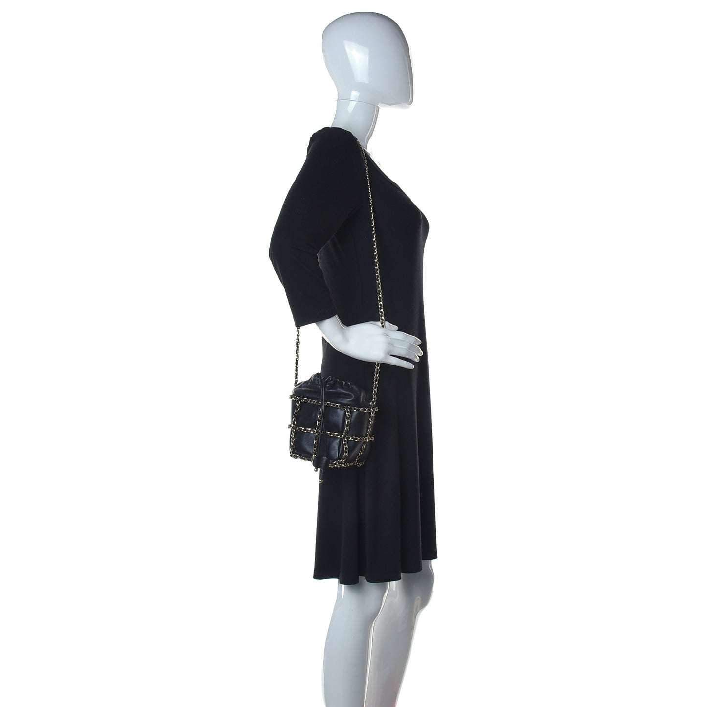 Lambskin Bucket Chain Drawstring Bag Black