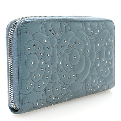 Chanel Lambskin Camellia Studded Medium Gusset Zip Around Wallet Light Blue 3 of 7