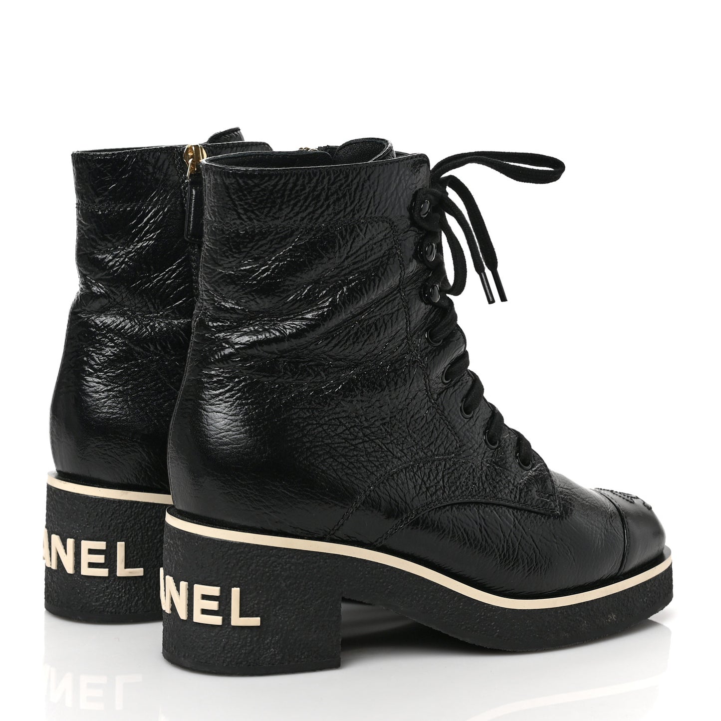 Shiny Crumpled Lambskin Lace Up Combat Boots 38 Black