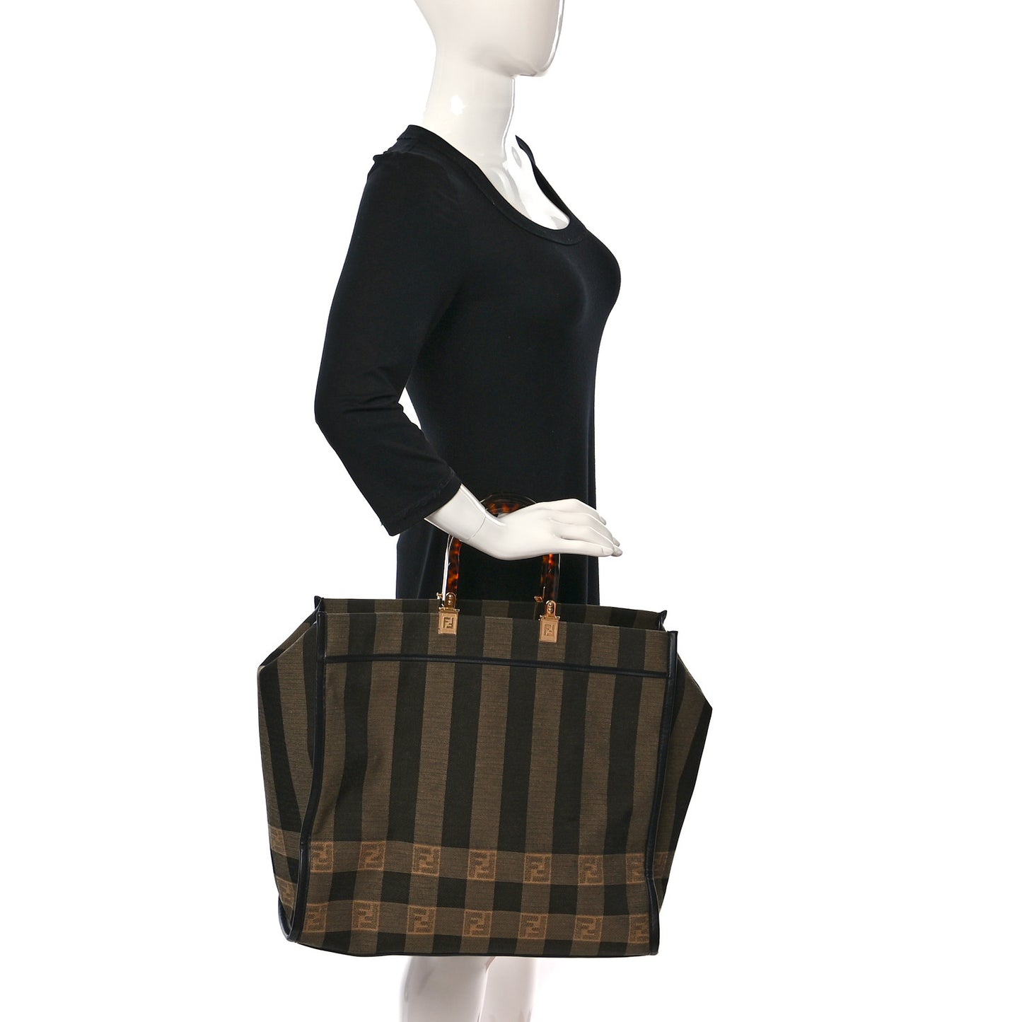 Fabric Jacquard Vitello Seta Plexiglass Pequin Gingham Large Fendi Sunshine Shopper Tote Tobacco Moro Black