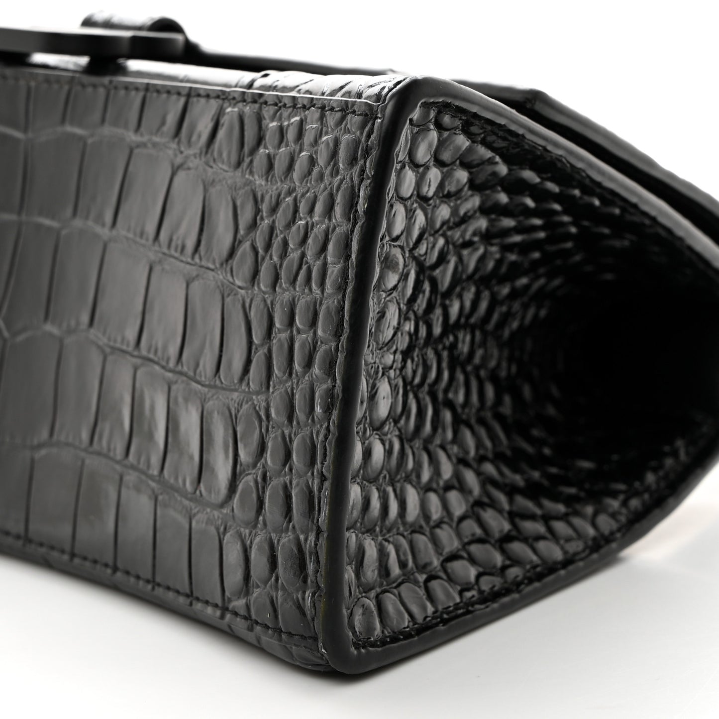 Shiny Calfskin Monochrome Crocodile Embossed Small Hourglass Top Handle Bag Black