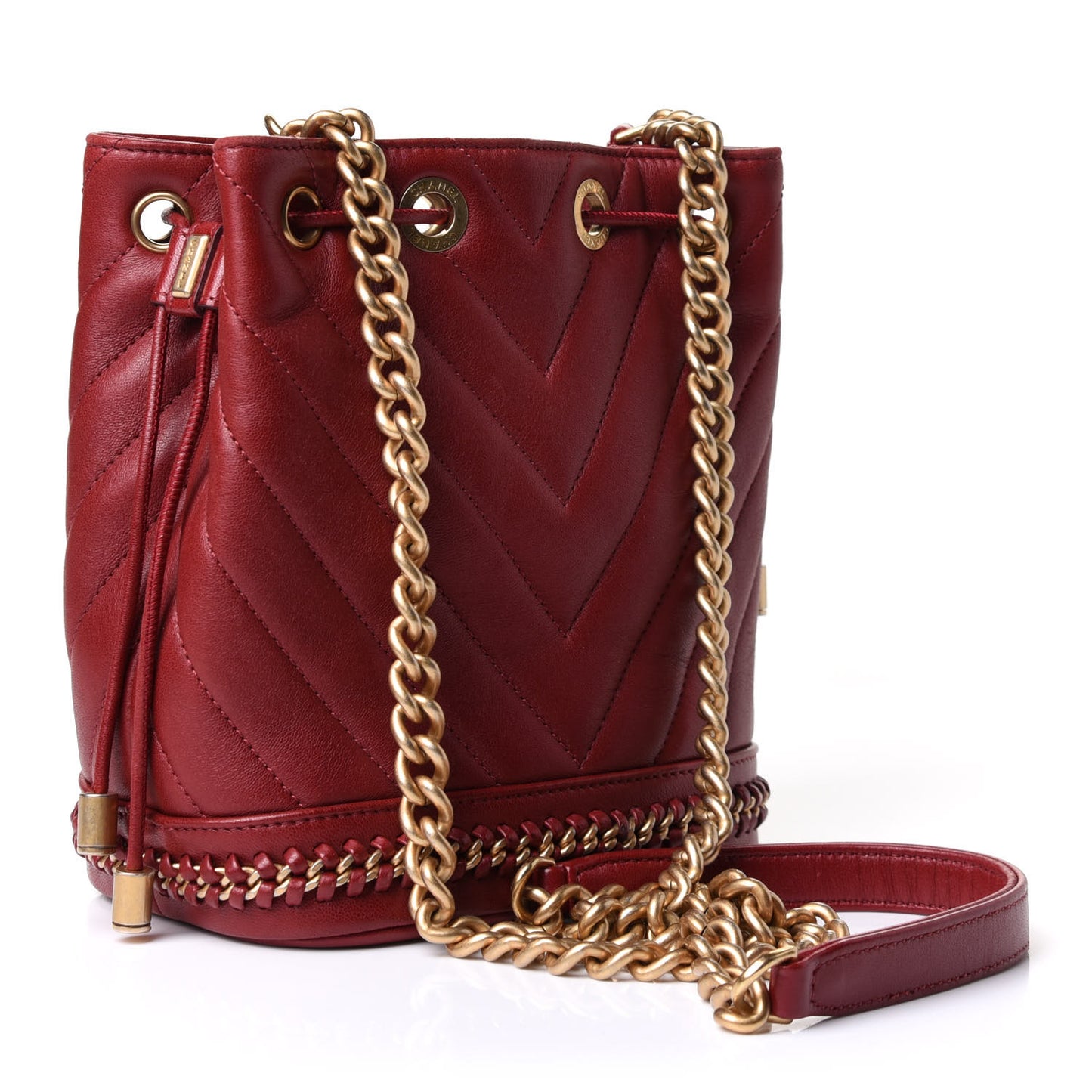 Sheepskin Chevron Quilted Small Drawstring Bag Dark Red