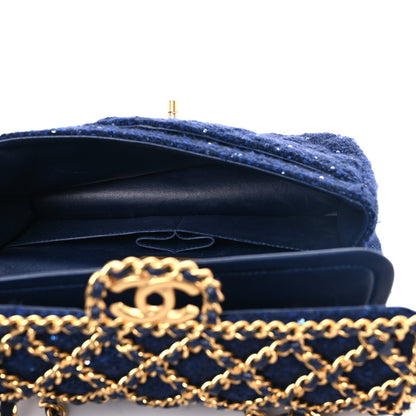 Chanel Tweed Sequin Timeless Classic Chained Double Flap Navy Blue 5 of 12