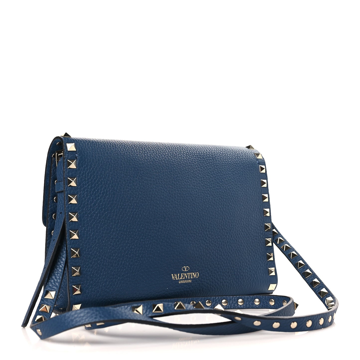 Pebbled Calfskin Medium Rockstud Flip Lock Crossbody Bag Peacock