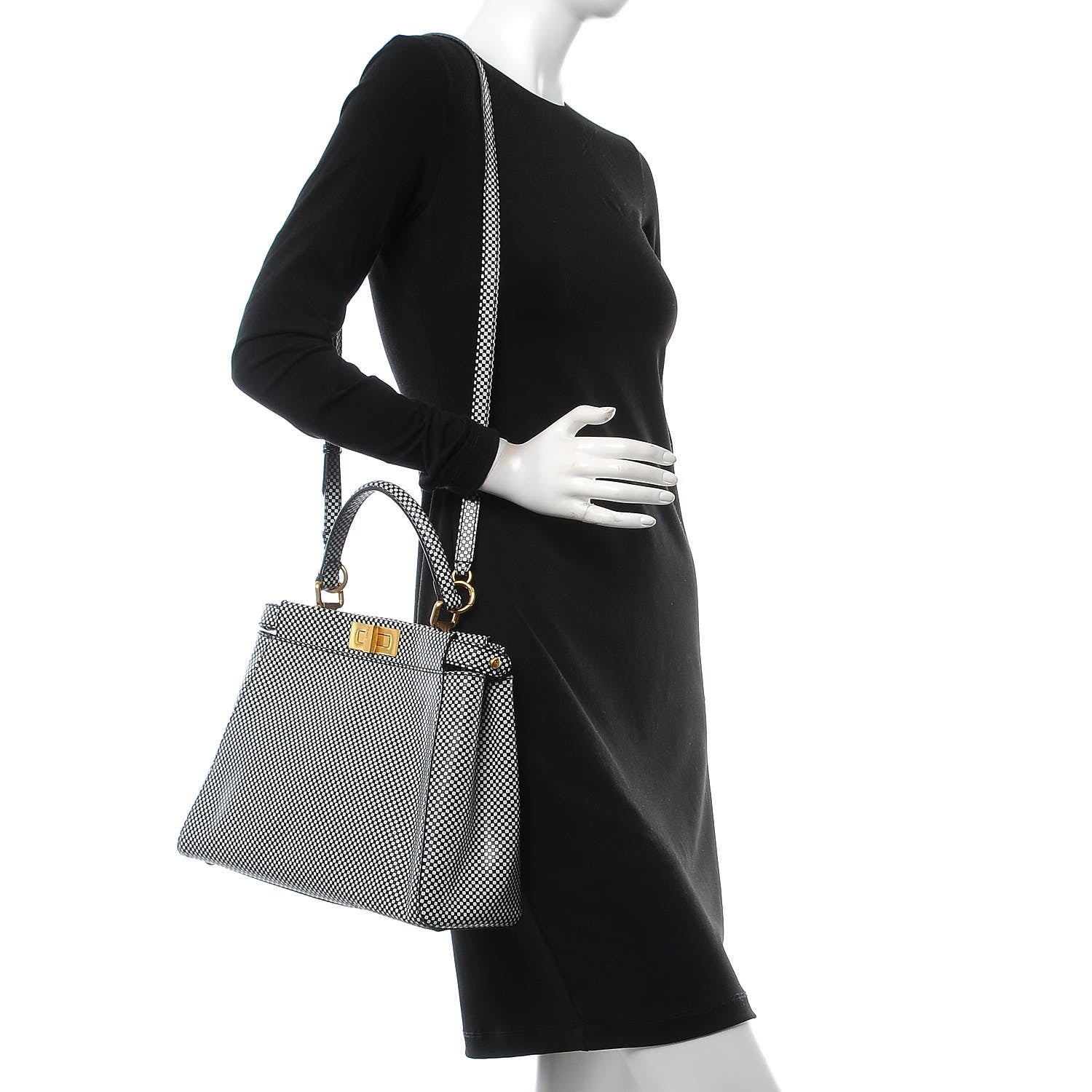 Fendi Pequin Checkered Medium Peekaboo Iconic Satchel Black White 2 of 9