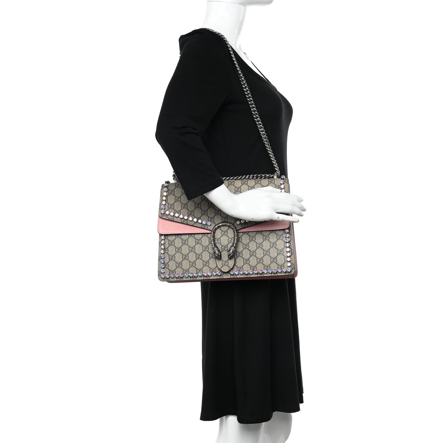 GG Supreme Monogram Suede Crystal Medium Dionysus Shoulder Bag Beige Ebony Light Peonia