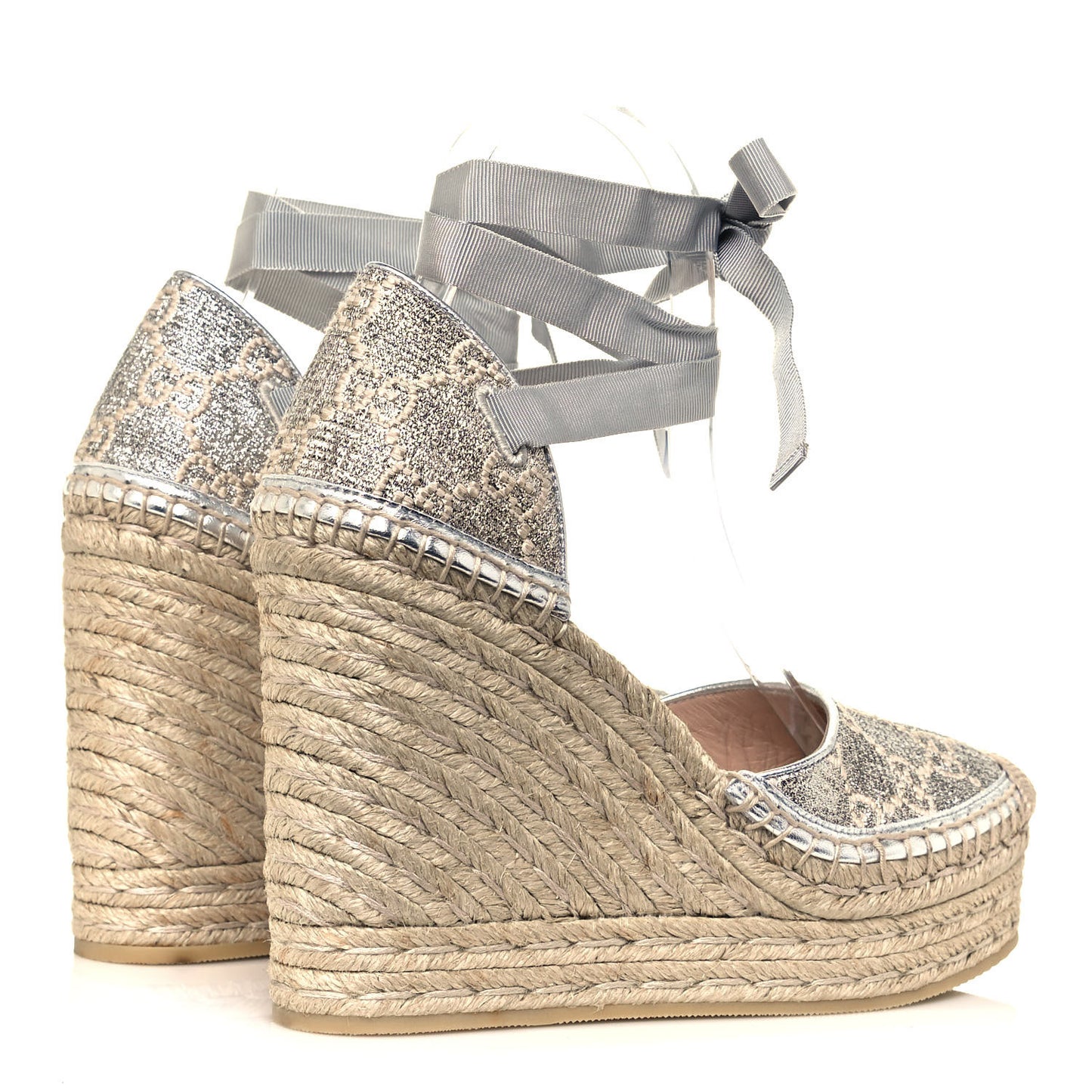 Lame GG Monogram Ankle Wrap Platform Espadrille Wedges 37 Silver Beige Light Grey