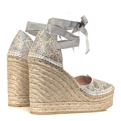 Gucci Lame GG Monogram Ankle Wrap Platform Espadrille Wedges 37 Silver Beige Light Grey 4 of 9