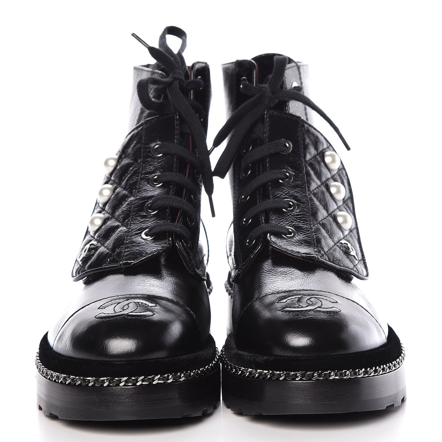 Crackled Calfskin Velvet Pearl Combat Short Boots 37.5 Black