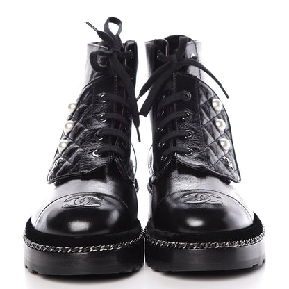 Chanel Crackled Calfskin Velvet Pearl Combat Short Boots 37.5 Black 2 of 9