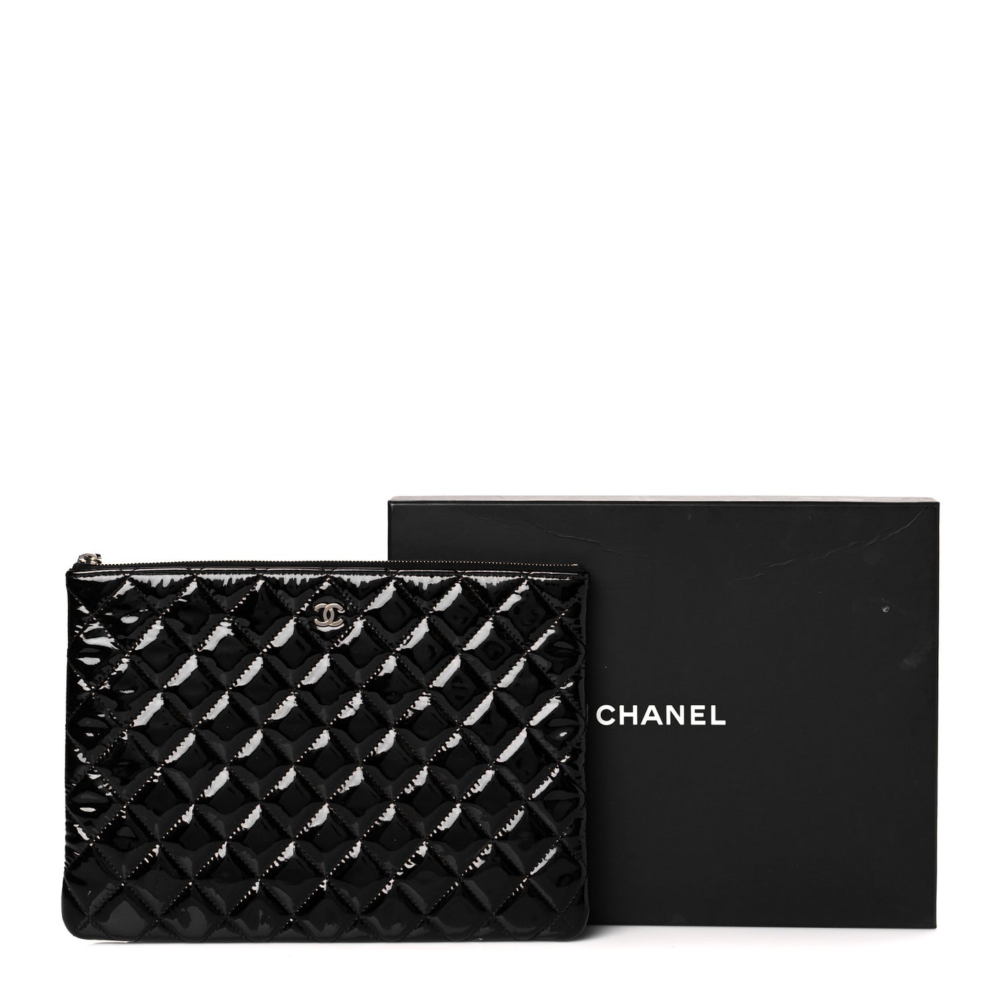 Patent Calfskin Quilted Medium Cosmetic Case Black