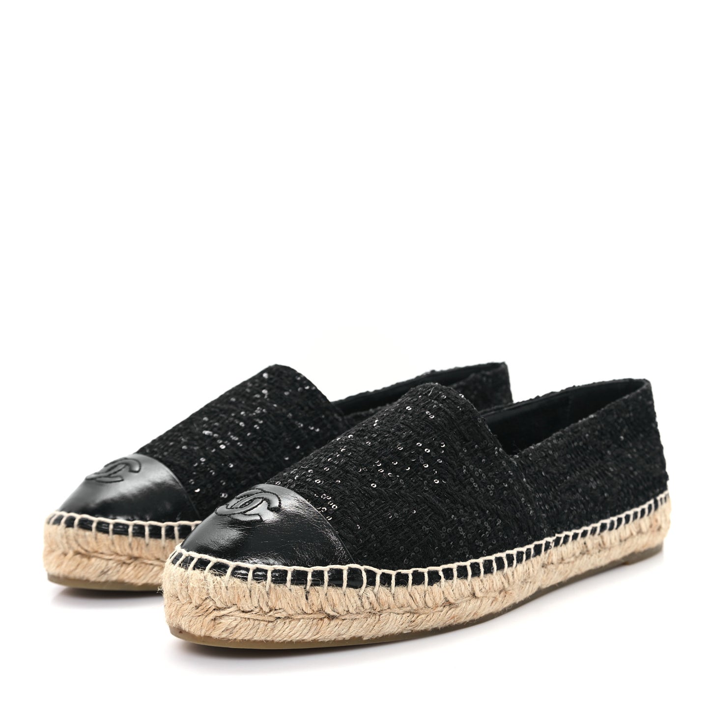 Tweed Patent Goatskin Sequin CC Espadrilles 40 Black