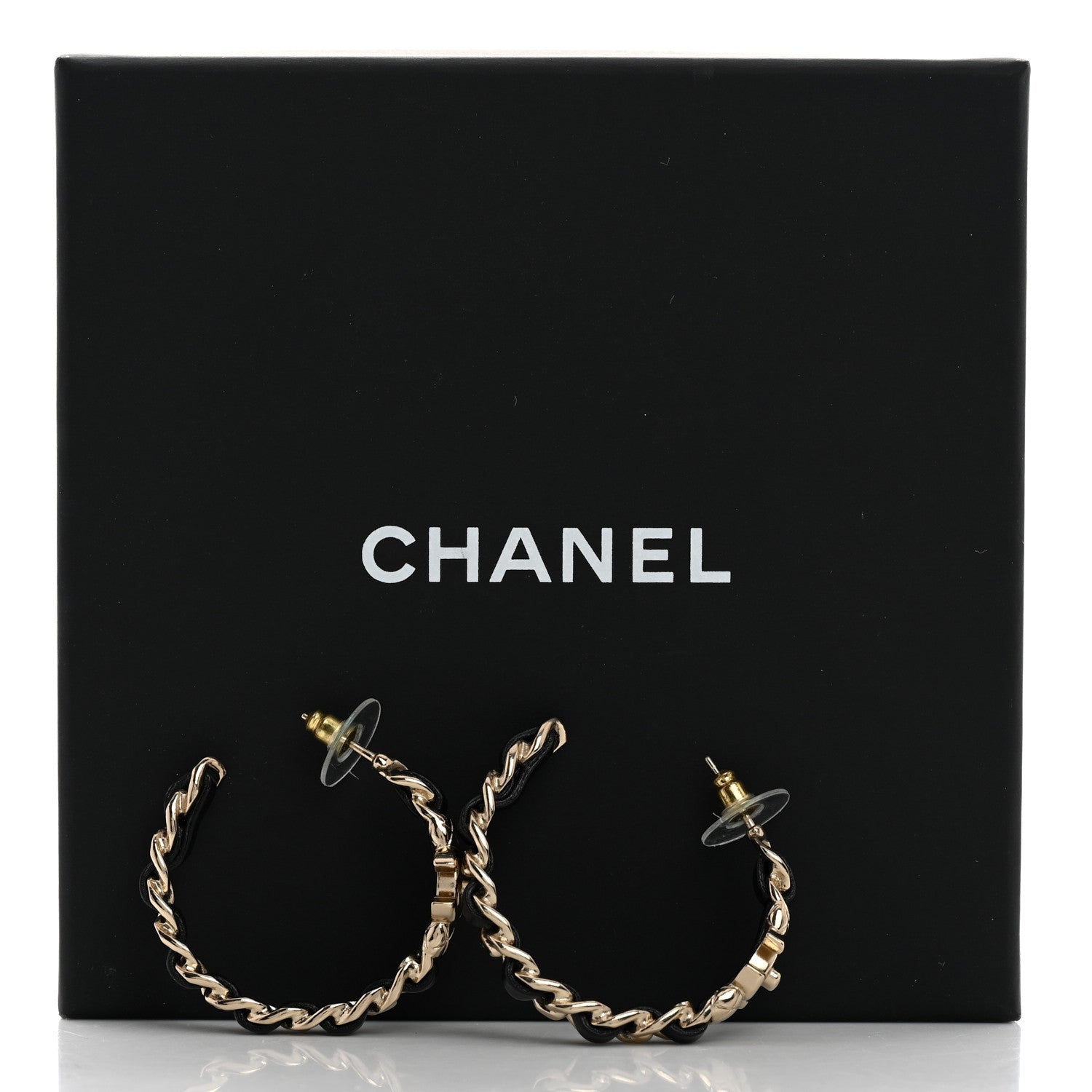 Chanel Metal Lambskin Quilted CC Turnlock Chain Hoop Earrings Gold Black 5 of 5