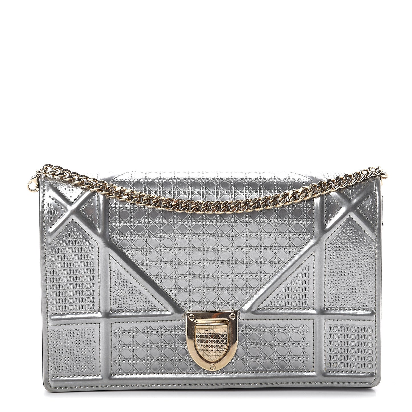 Metallic Patent Micro-Cannage Diorama Wallet on Chain Pouch Silver