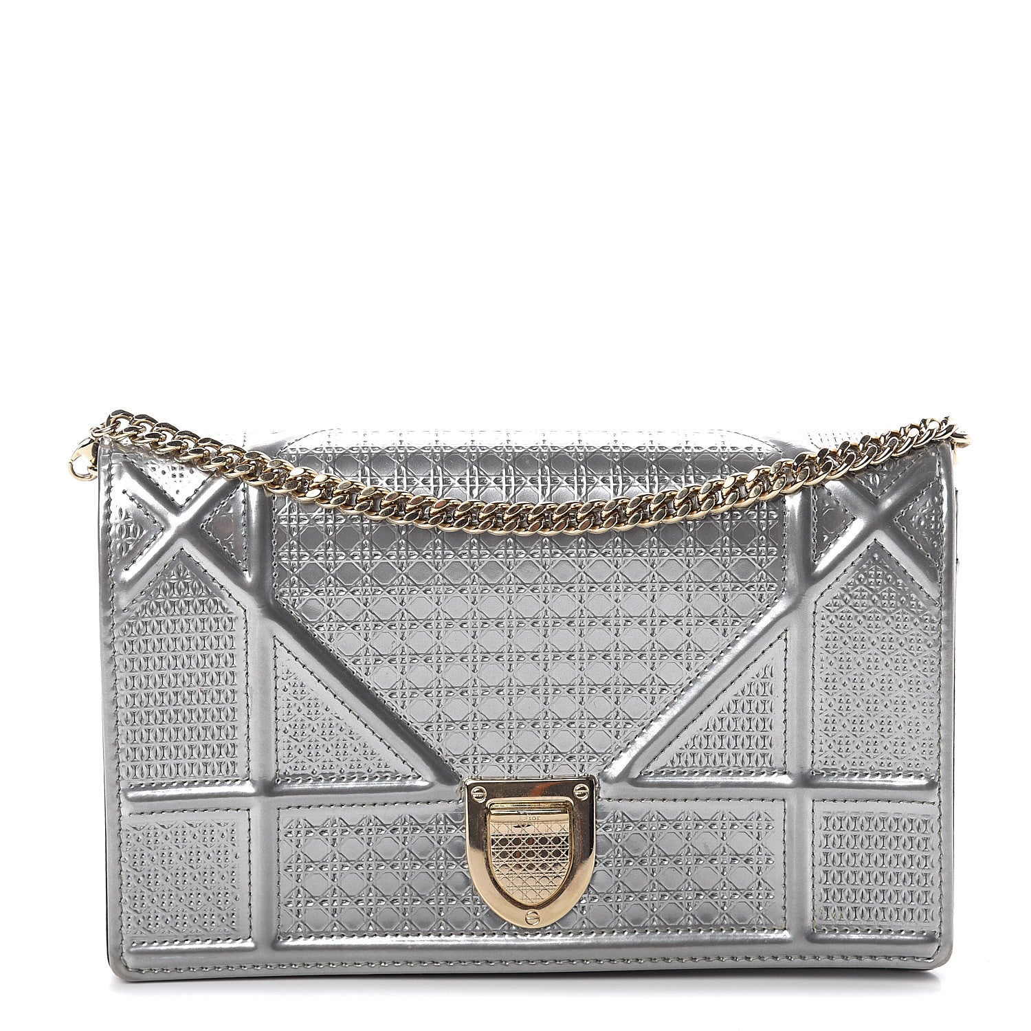 Christian Dior Metallic Patent Micro-Cannage Diorama Wallet on Chain Pouch Silver 1 of 8