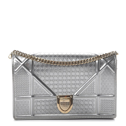 Christian Dior Metallic Patent Micro-Cannage Diorama Wallet on Chain Pouch Silver 1 of 8
