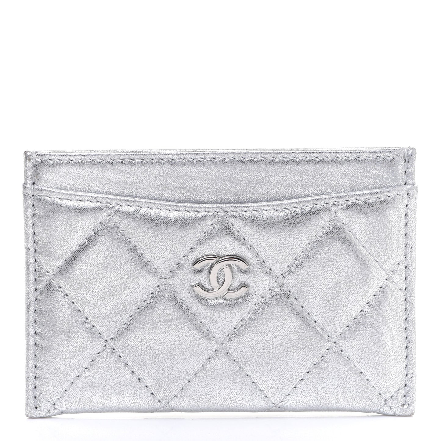 Metallic Lambskin Quilted Card Holder Silver