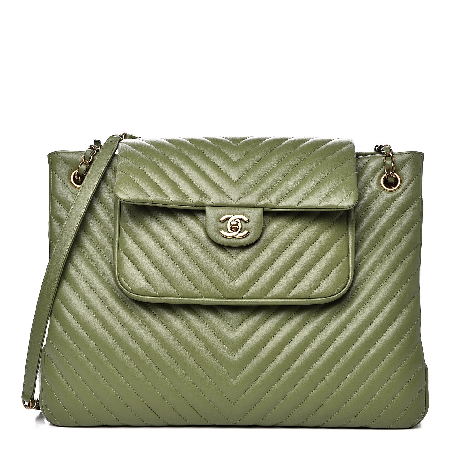 Lambskin Chevron Quilted Large Shopping Tote Green