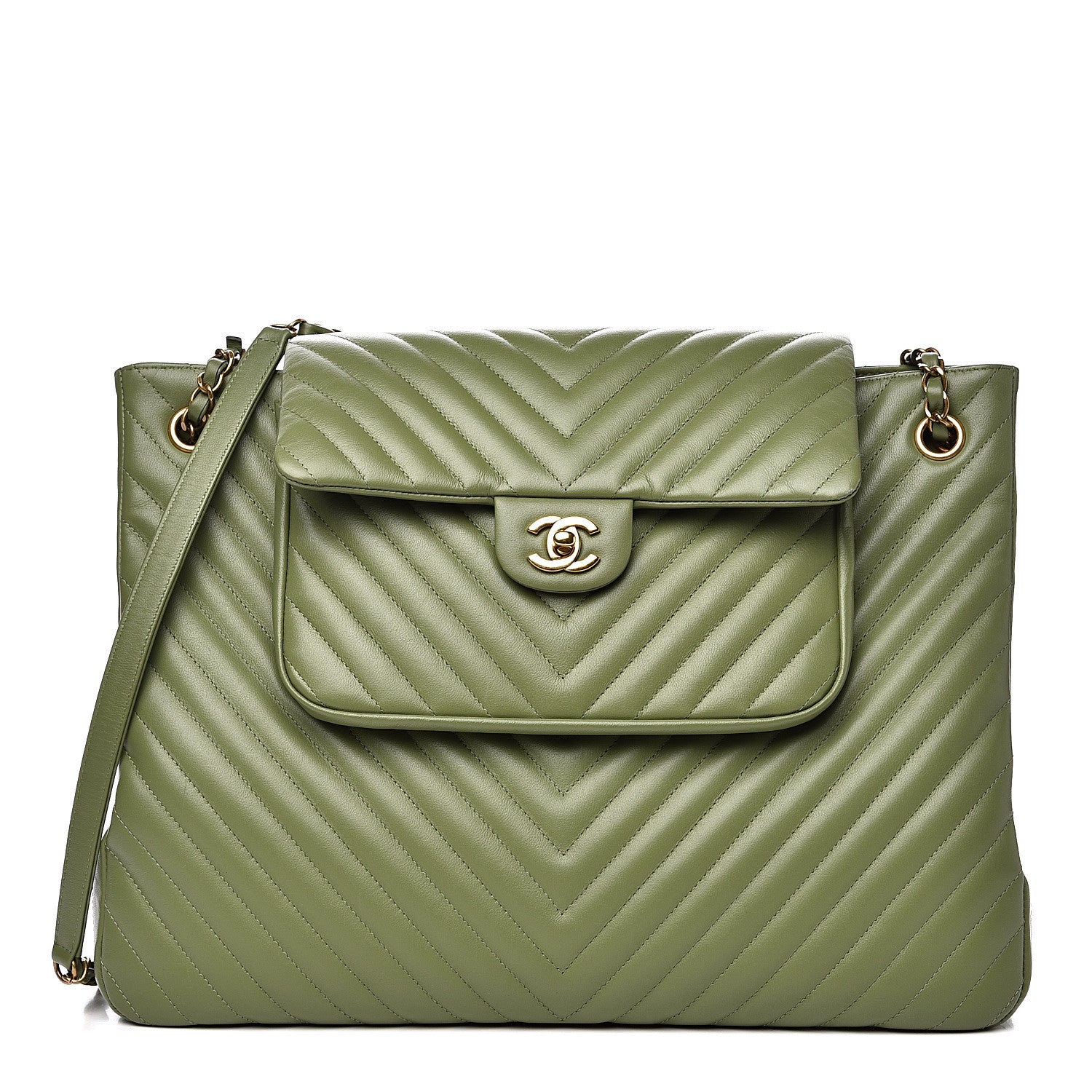 Chanel Lambskin Chevron Quilted Large Shopping Tote Green 1 of 11