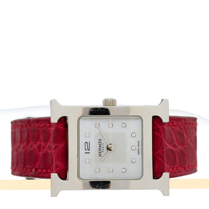 Hermes Stainless Steel Alligator Diamond Mother of Pearl 21mm Heure H Hour Quartz Watch Braise 2 of 4